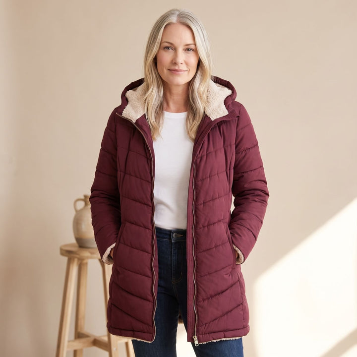 Damen Langer Gesteppter Wintermantel mit Sherpa-Innenfutter
