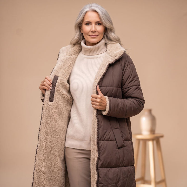 Damen Langer Gesteppter Wintermantel mit Sherpa-Innenfutter