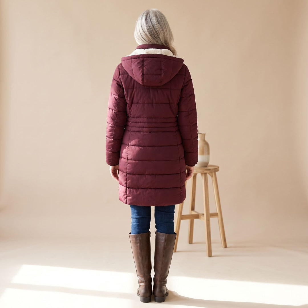 Damen Langer Gesteppter Wintermantel mit Sherpa-Innenfutter
