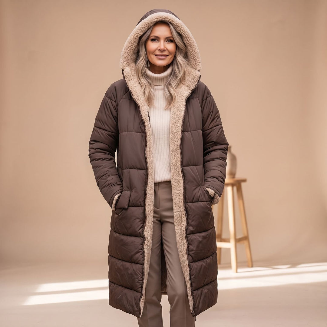 Damen Langer Gesteppter Wintermantel mit Sherpa-Innenfutter