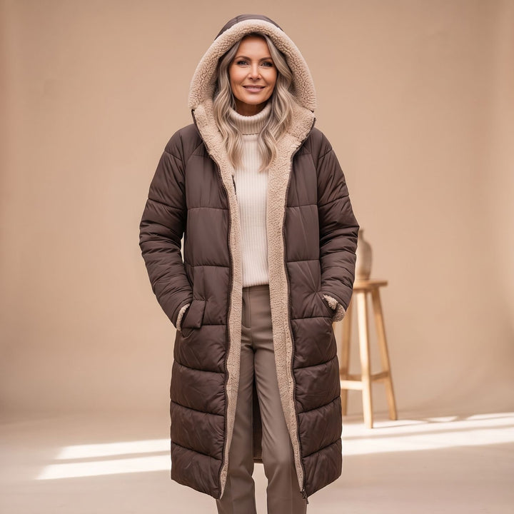 Damen Langer Gesteppter Wintermantel mit Sherpa-Innenfutter