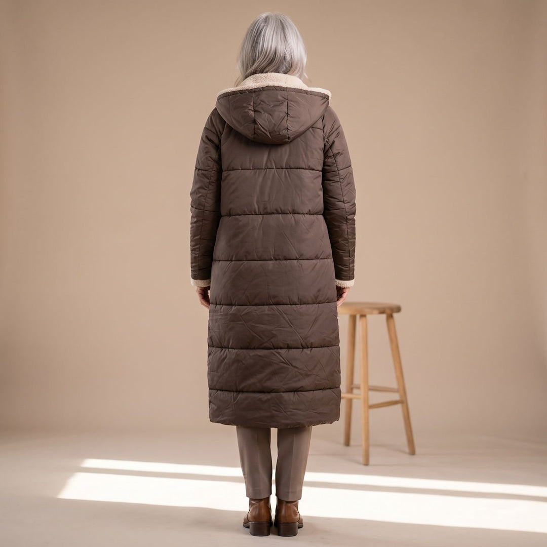 Damen Langer Gesteppter Wintermantel mit Sherpa-Innenfutter