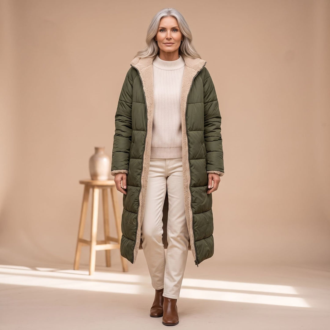 Damen Langer Gesteppter Wintermantel mit Sherpa-Innenfutter - Grün