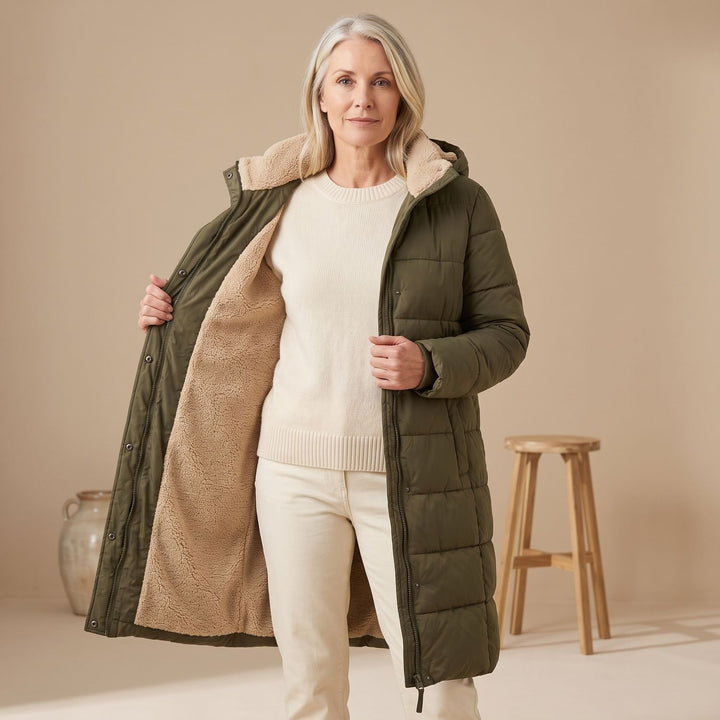 Damen Langer Gesteppter Wintermantel mit Sherpa-Innenfutter