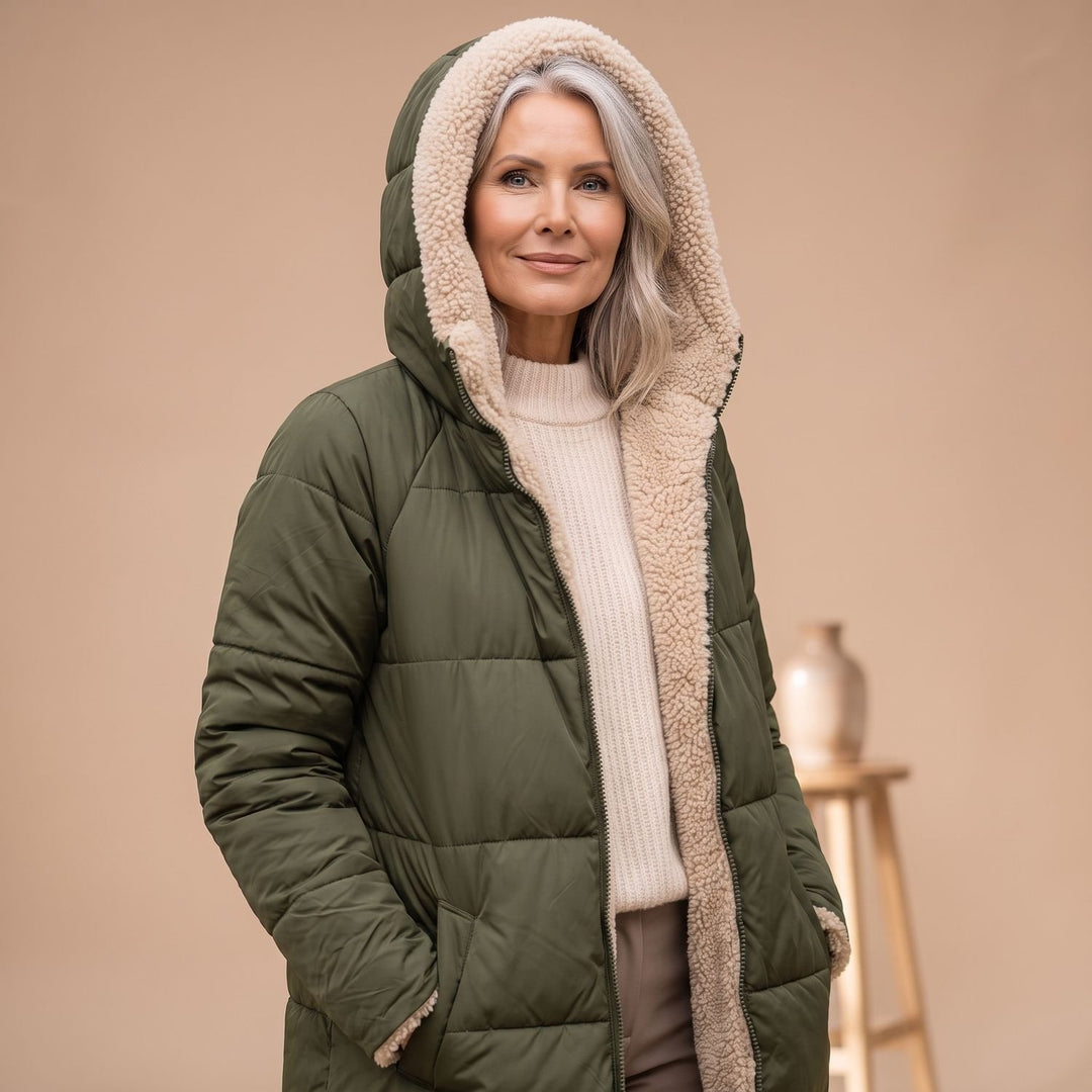 Damen Langer Gesteppter Wintermantel mit Sherpa-Innenfutter