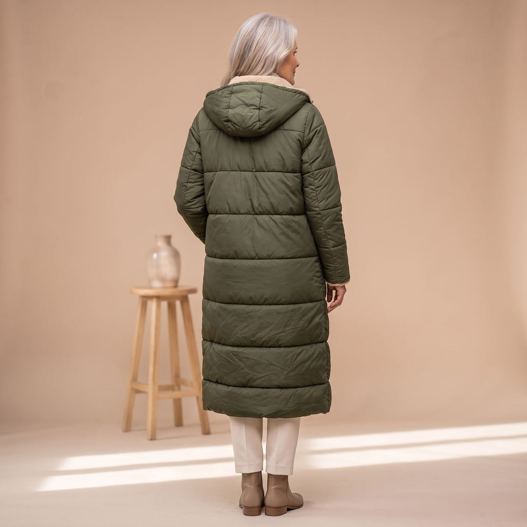 Damen Langer Gesteppter Wintermantel mit Sherpa-Innenfutter