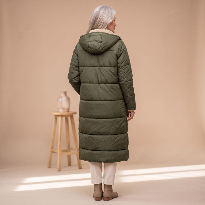 Damen Langer Gesteppter Wintermantel mit Sherpa-Innenfutter