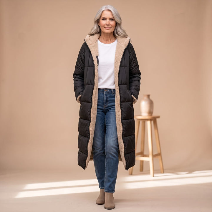 Damen Langer Gesteppter Wintermantel mit Sherpa-Innenfutter - Schwarz