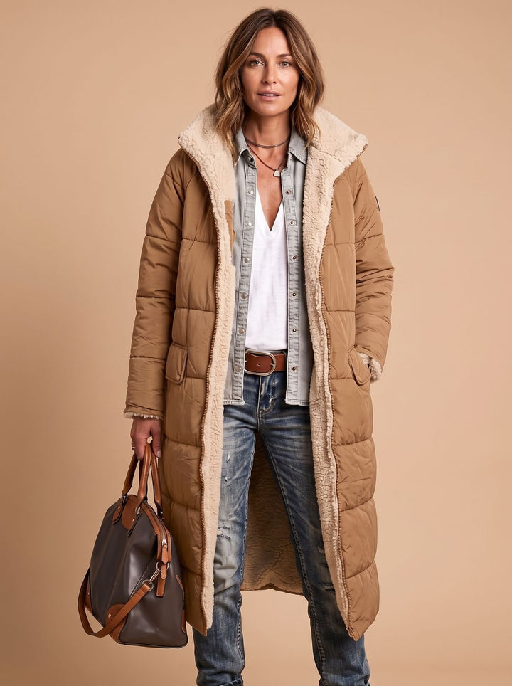 Damen Langer Gesteppter Wintermantel mit Teddyfutter - Braun