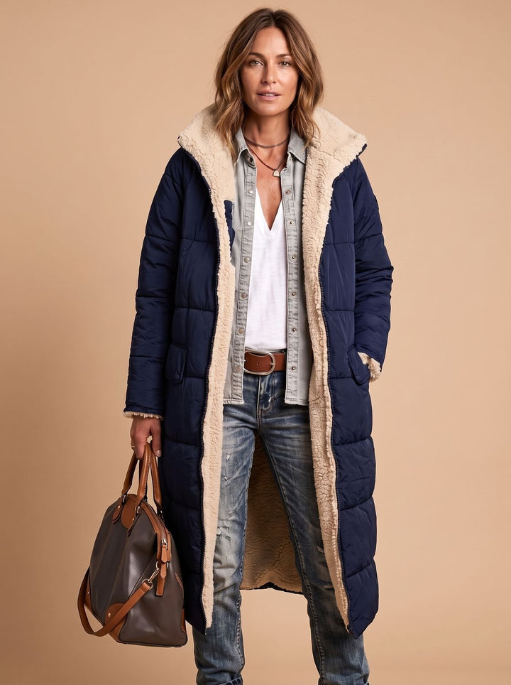 Damen Langer Gesteppter Wintermantel mit Teddyfutter