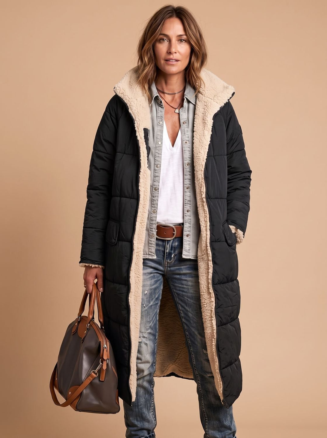 Damen Langer Gesteppter Wintermantel mit Teddyfutter - Schwarz