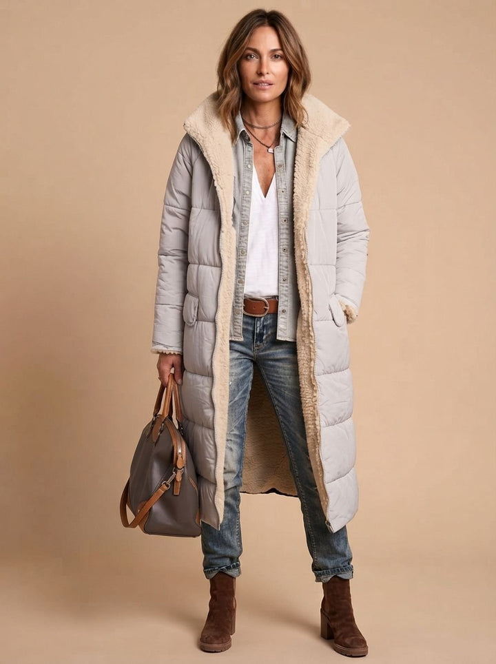 Damen Langer Gesteppter Wintermantel mit Teddyfutter - Grau