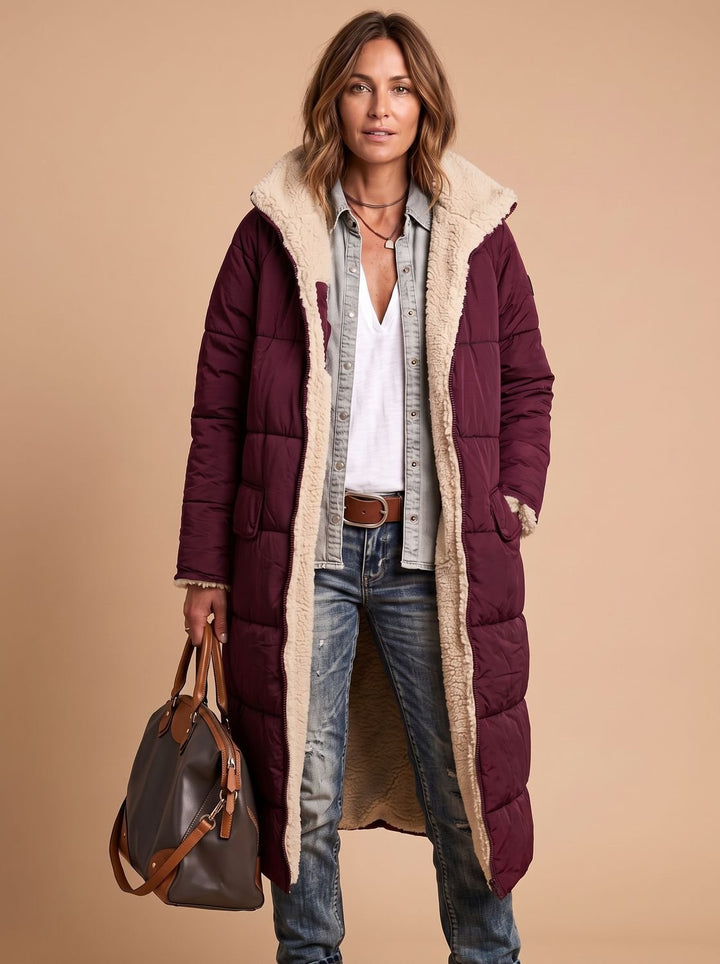 Damen Langer Gesteppter Wintermantel mit Teddyfutter - Bordeauxrot