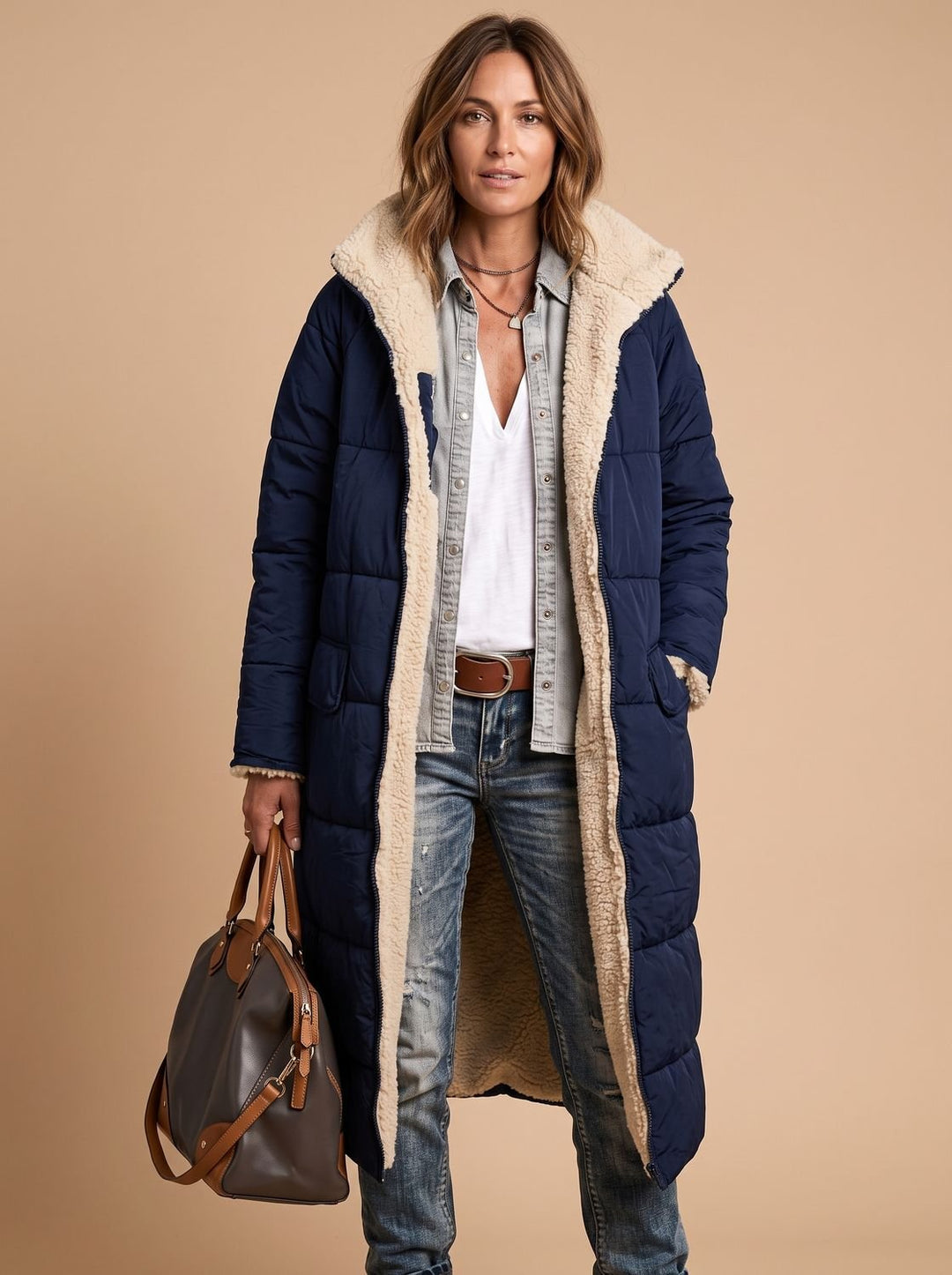 Damen Langer Gesteppter Wintermantel mit Teddyfutter - Marineblau