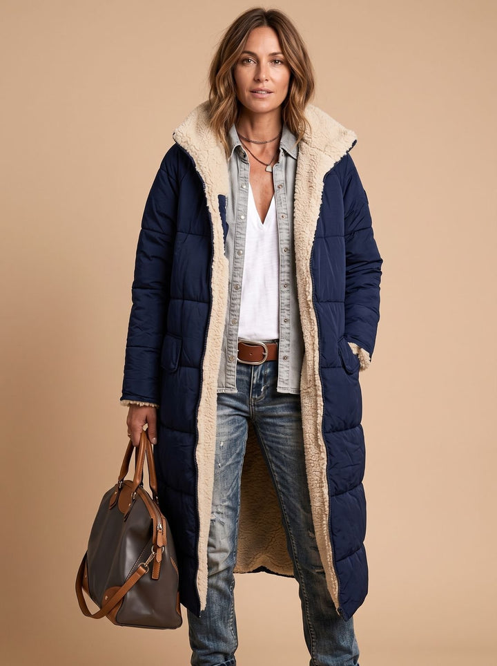 Damen Langer Gesteppter Wintermantel mit Teddyfutter - Marineblau