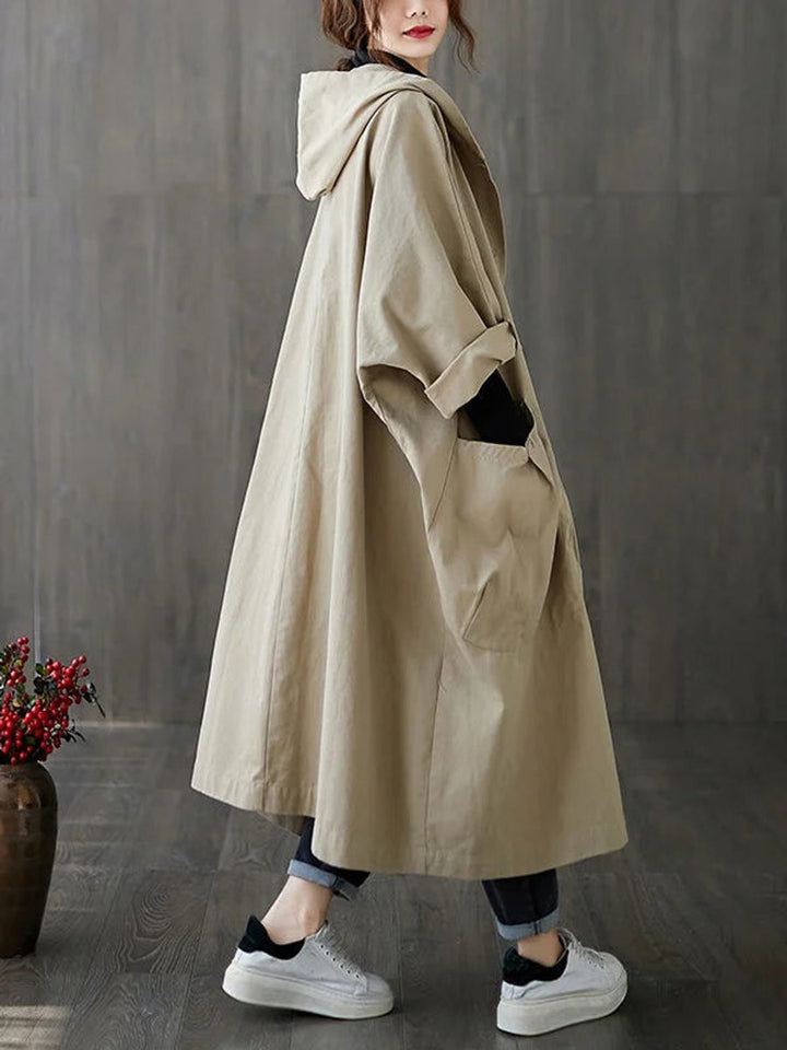 Damen Langer Kapuzen-Trenchcoat Wasserabweisend Oversized - Beige