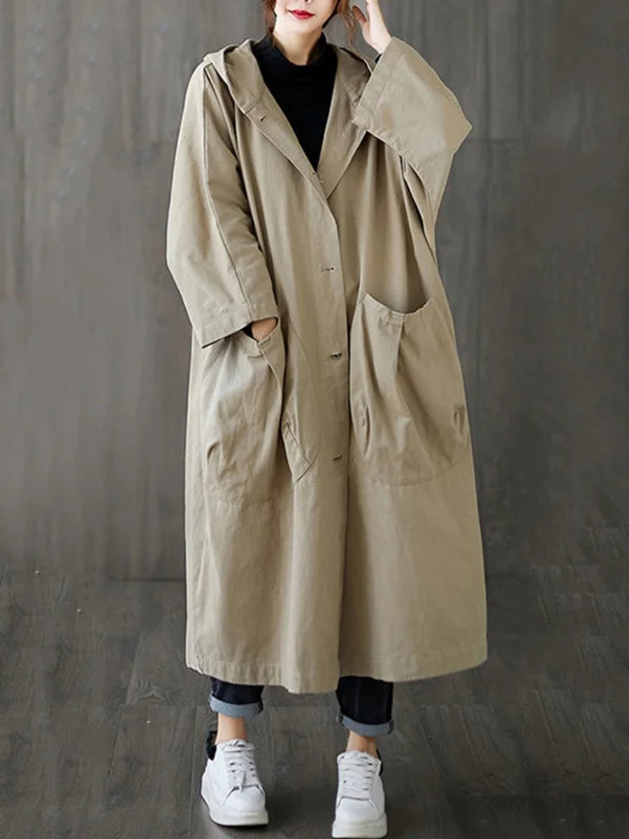 Damen Langer Kapuzen-Trenchcoat Wasserabweisend Oversized