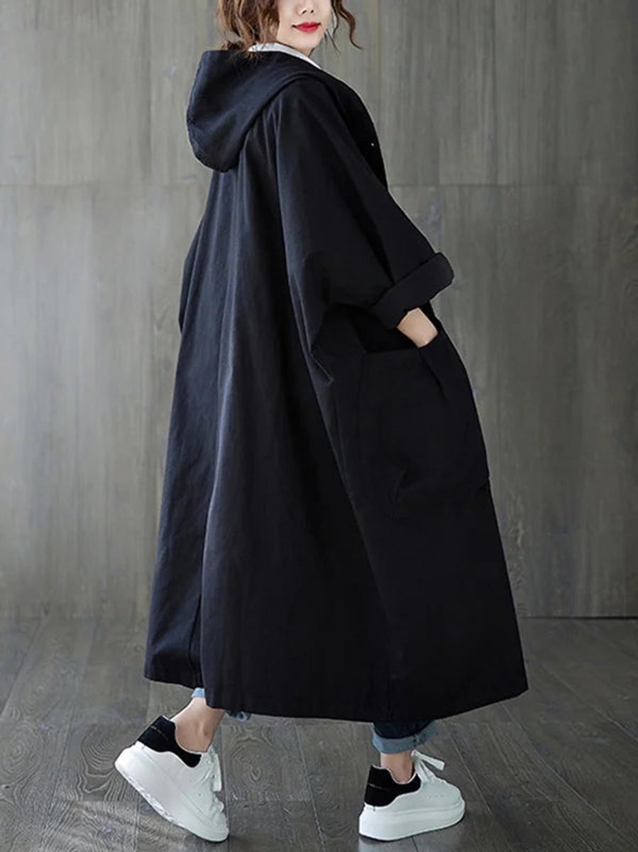 Damen Langer Kapuzen-Trenchcoat Wasserabweisend Oversized - Schwarz