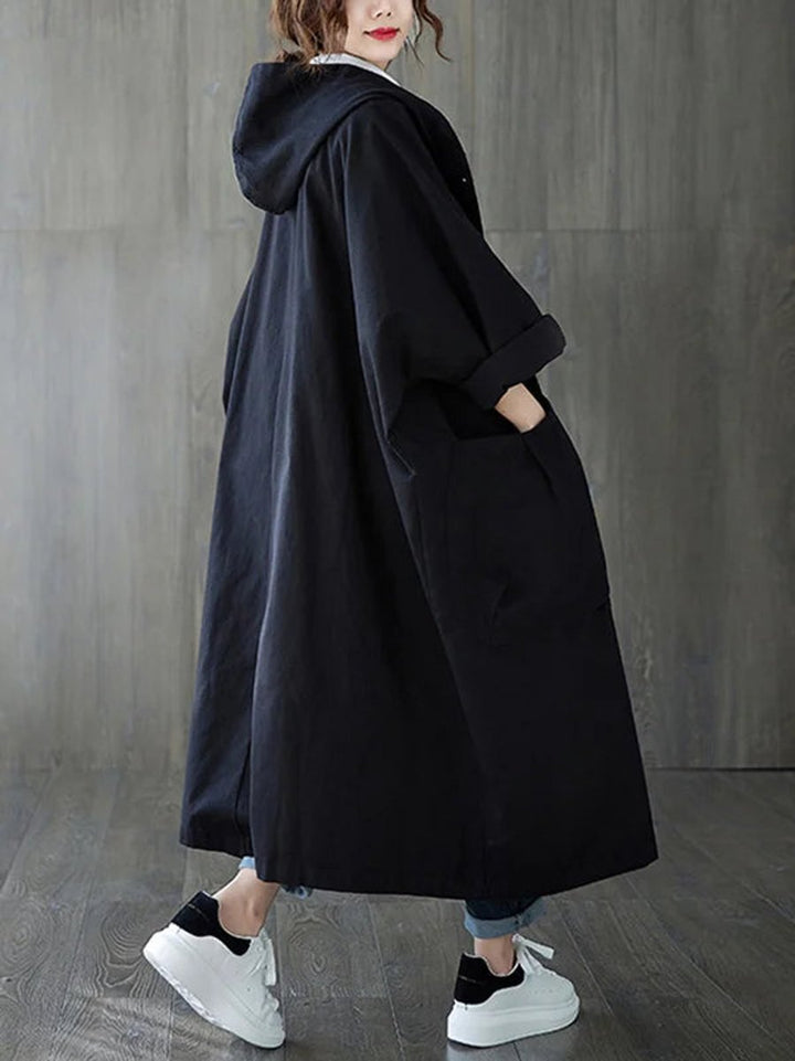 Damen Langer Kapuzen-Trenchcoat Wasserabweisend Oversized - Schwarz