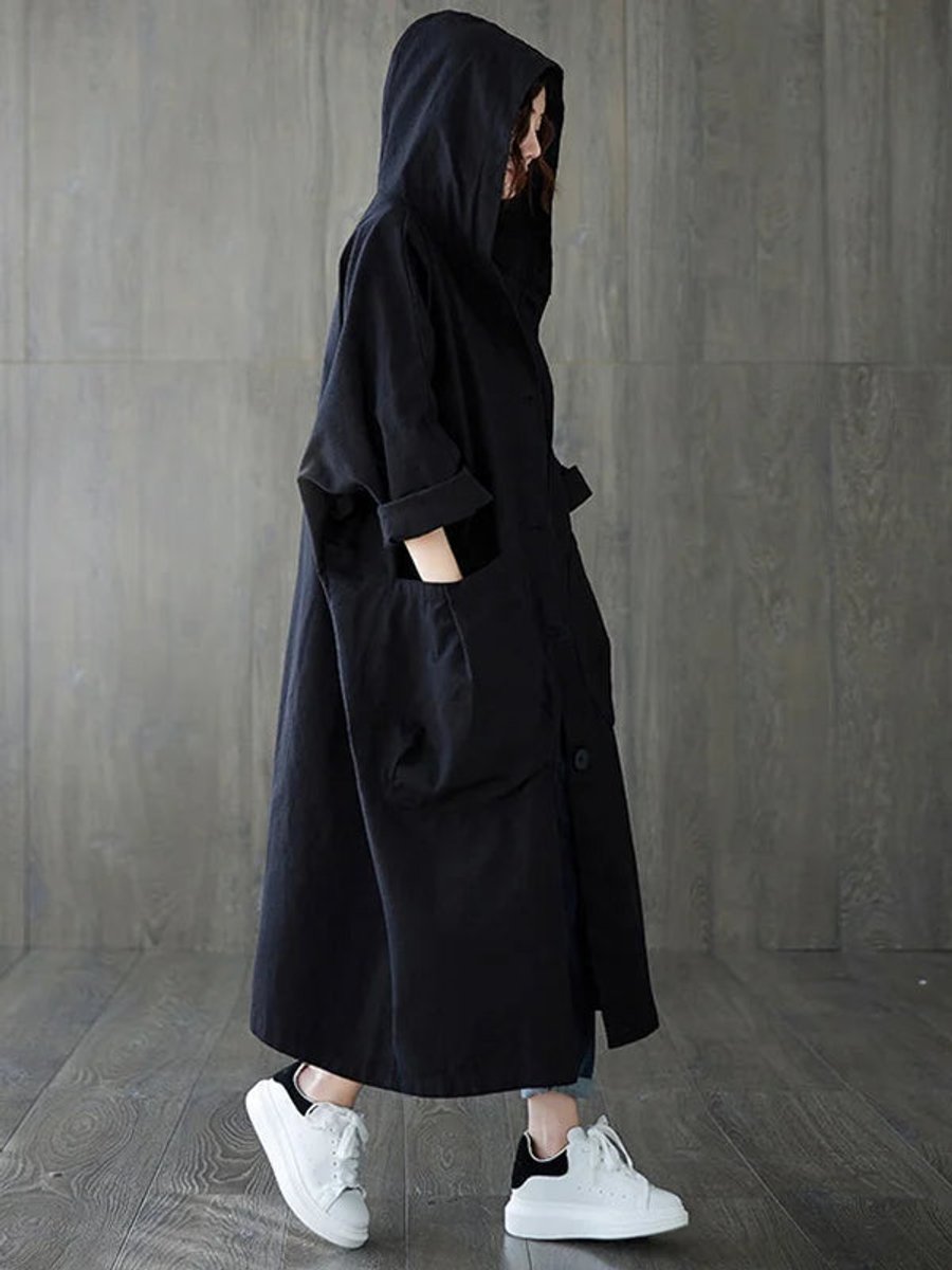 Damen Langer Kapuzen-Trenchcoat Wasserabweisend Oversized