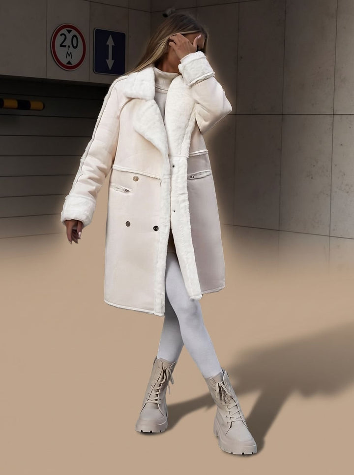 Damen Langer Kunstfellmantel Zweireihiger Wintermantel mit Fellbesatz - Beige