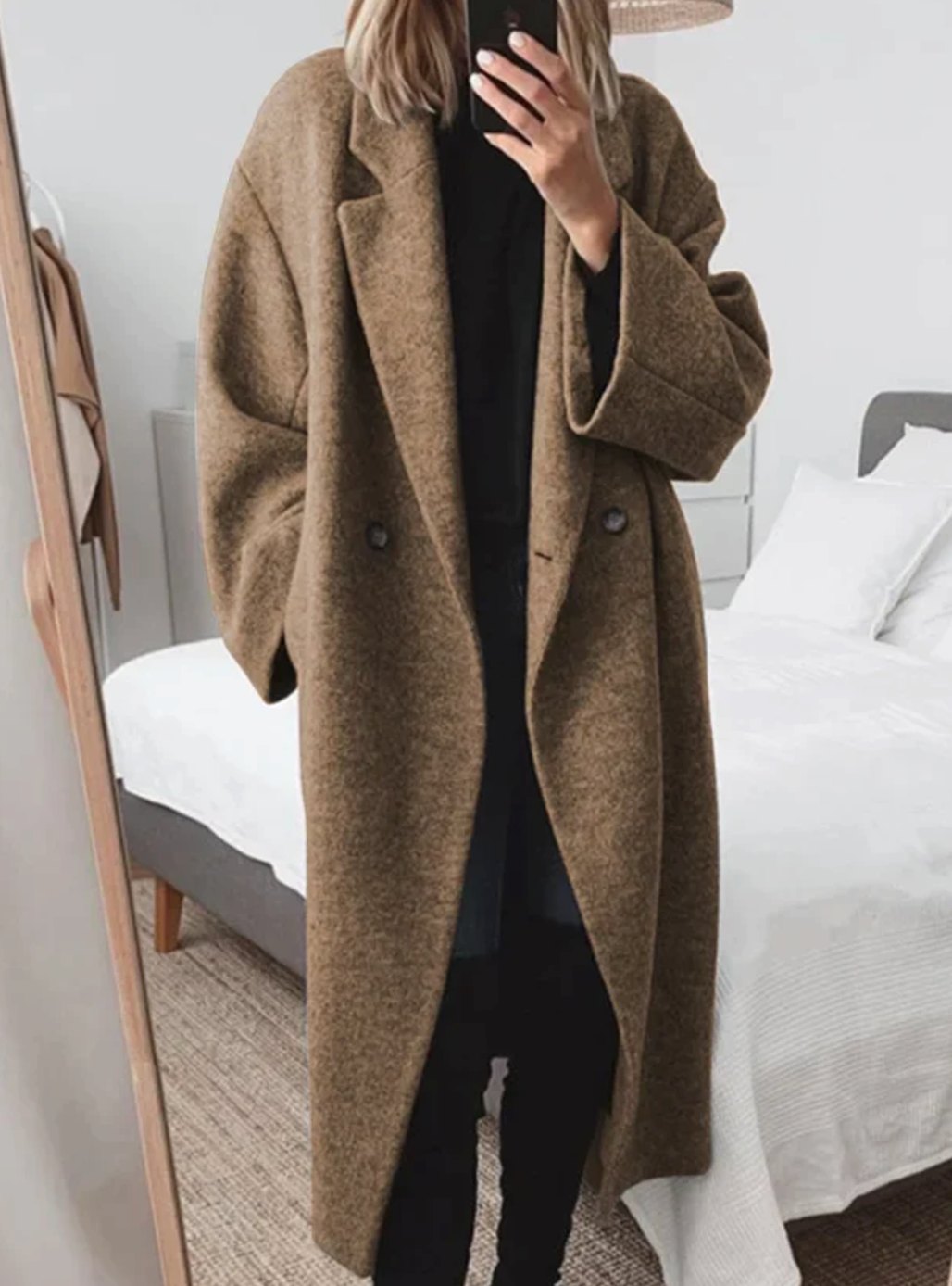 Damen Langer Oversized Wollmantel mit Umlegekragen und Taschen - Braun