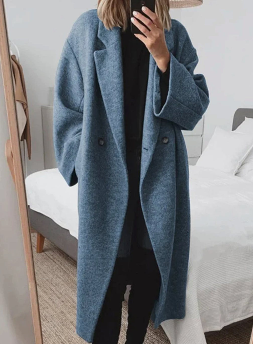 Damen Langer Oversized Wollmantel mit Umlegekragen und Taschen - Blau