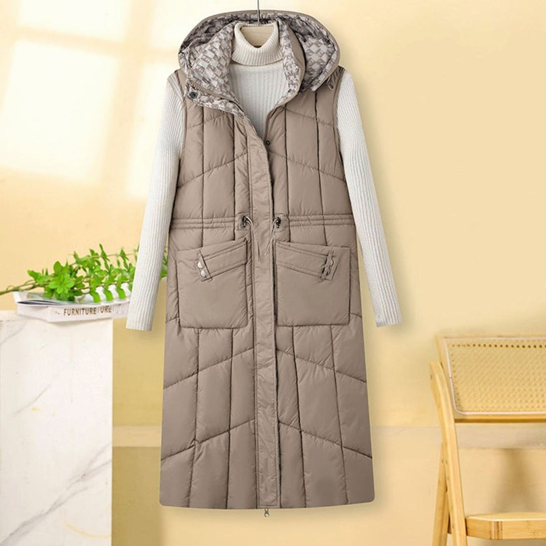 Damen Langer Stepp-Bodywarmer mit Kapuze und Multifunktionstaschen - Khaki