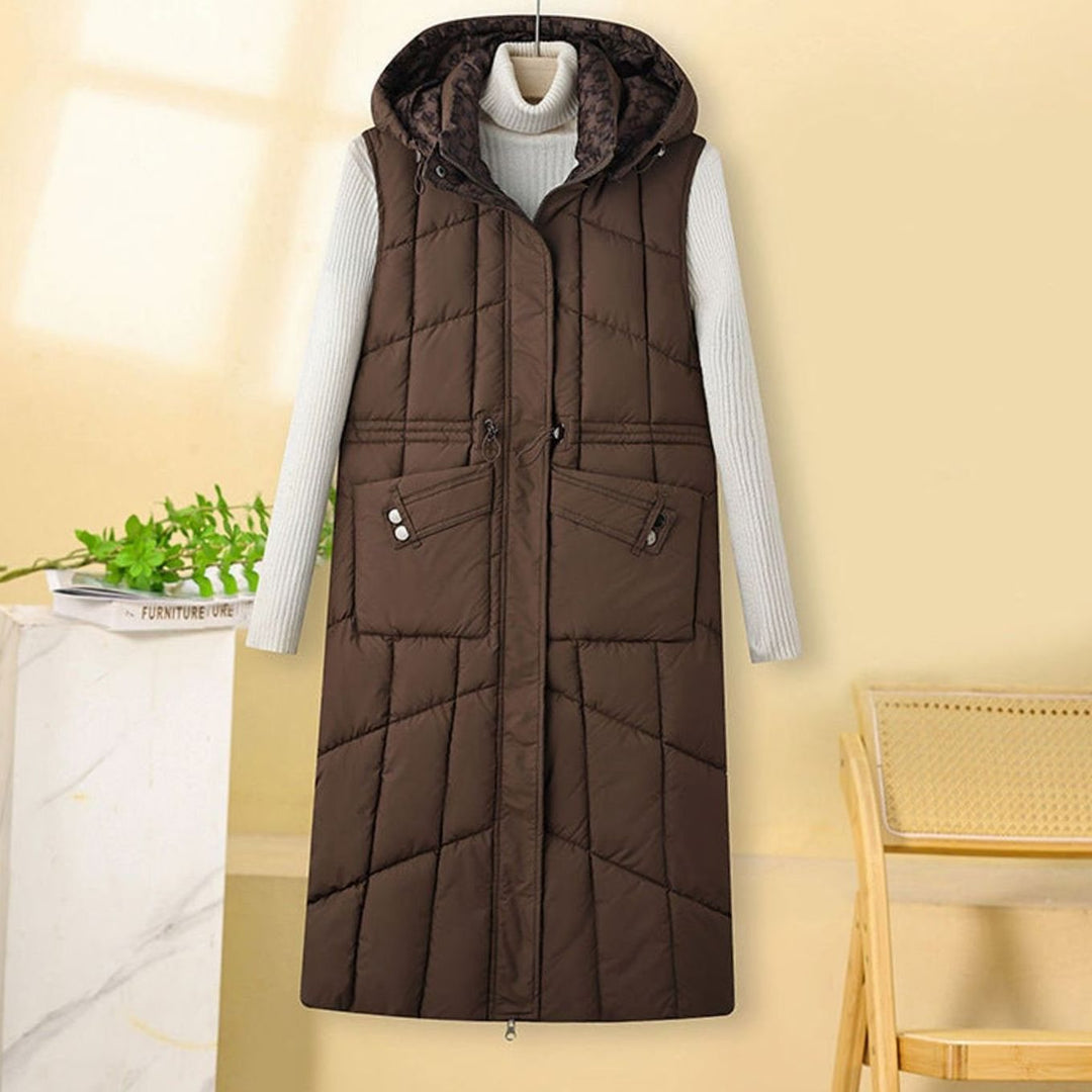 Damen Langer Stepp-Bodywarmer mit Kapuze und Multifunktionstaschen - Braun