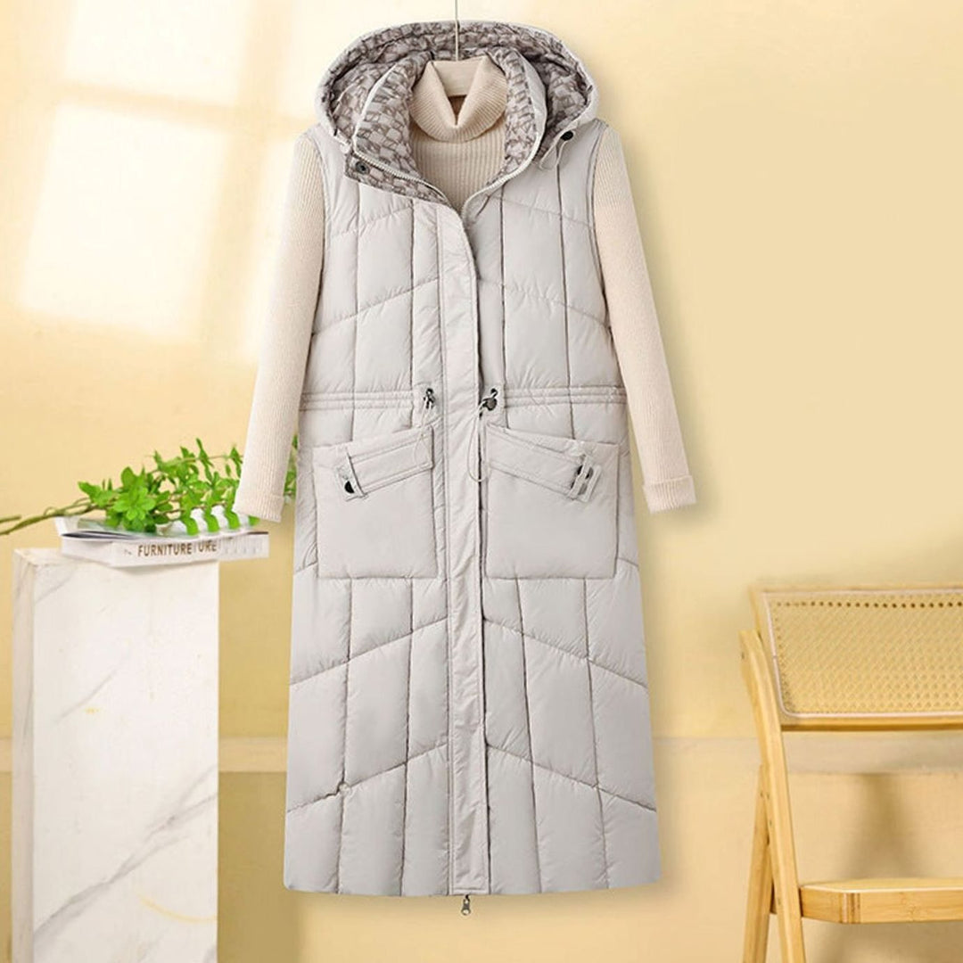Damen Langer Stepp-Bodywarmer mit Kapuze und Multifunktionstaschen - Offwhite