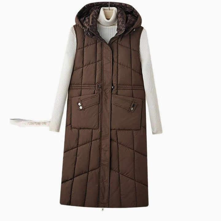 Damen Langer Stepp-Bodywarmer mit Kapuze und Multifunktionstaschen