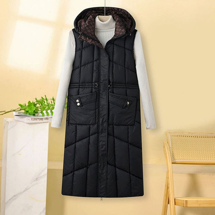 Damen Langer Stepp-Bodywarmer mit Kapuze und Multifunktionstaschen - Schwarz