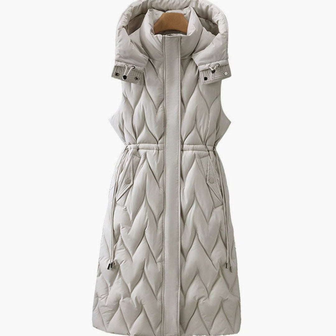Damen Langer Stepp-Bodywarmer mit Kapuze und Taillen-Kordelzug