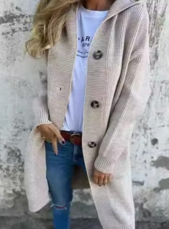 Damen Langer Strickmantel Strickjacke mit Kapuze Knopfleiste - Beige