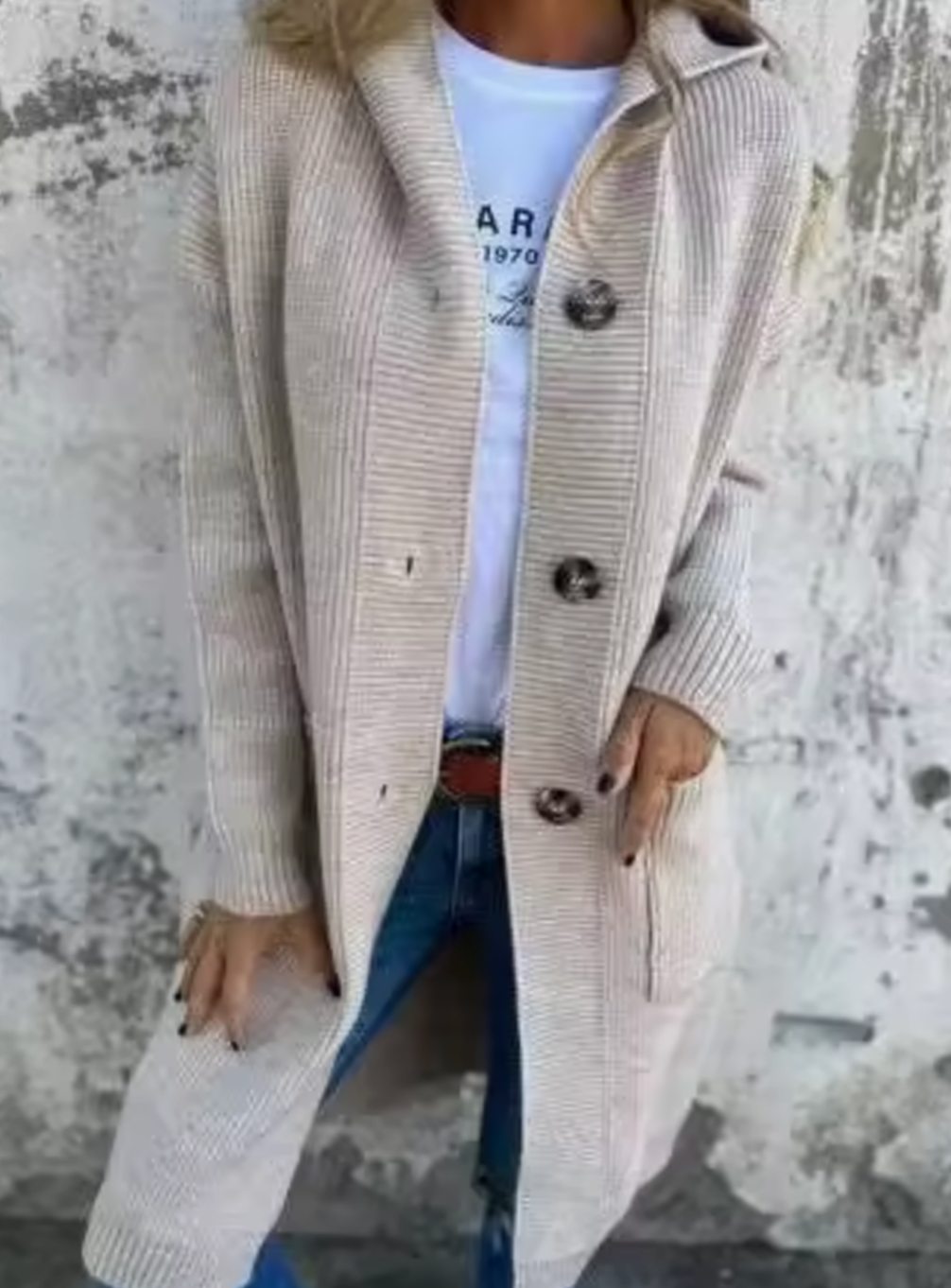 Damen Langer Strickmantel Strickjacke mit Kapuze Knopfleiste