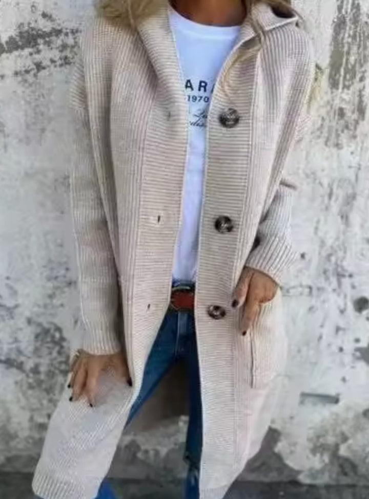 Damen Langer Strickmantel Strickjacke mit Kapuze Knopfleiste