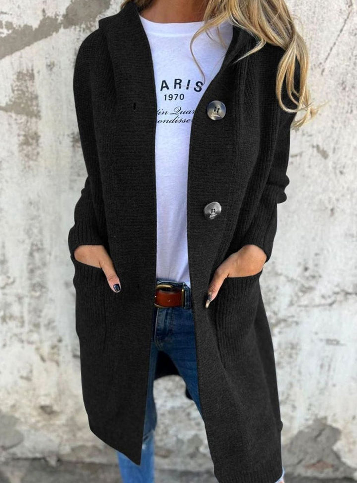 Damen Langer Strickmantel Strickjacke mit Kapuze Knopfleiste - Schwarz