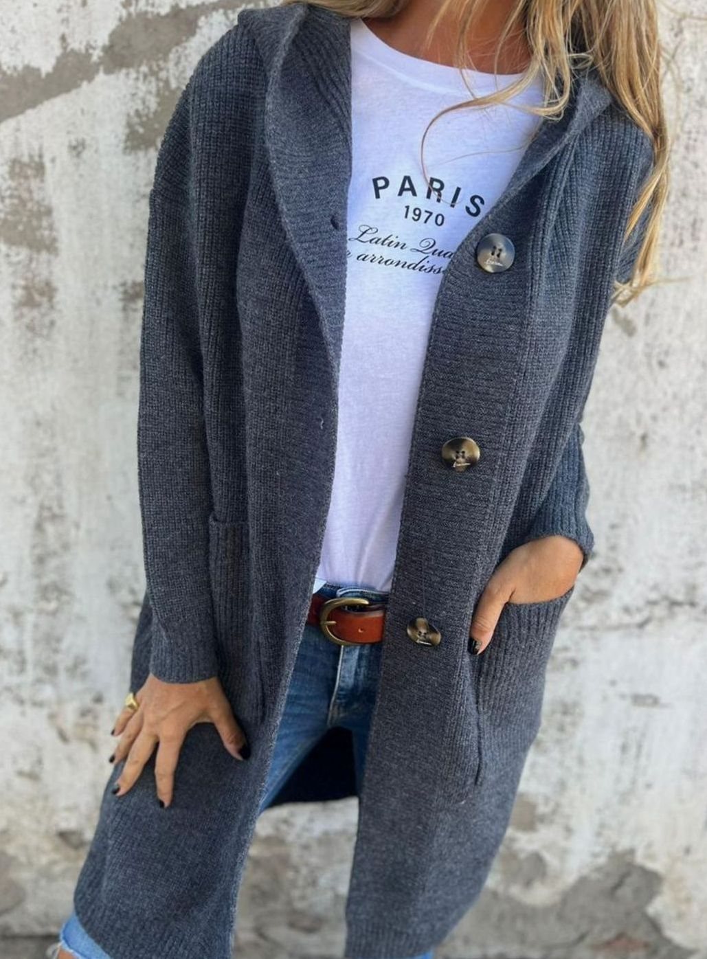 Damen Langer Strickmantel Strickjacke mit Kapuze Knopfleiste