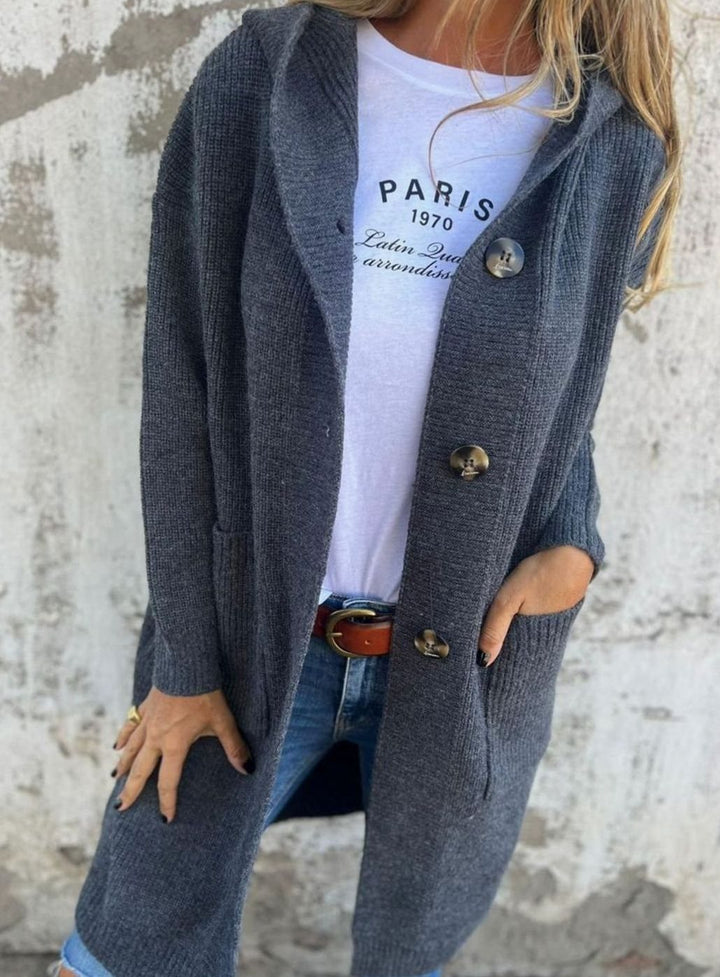 Damen Langer Strickmantel Strickjacke mit Kapuze Knopfleiste