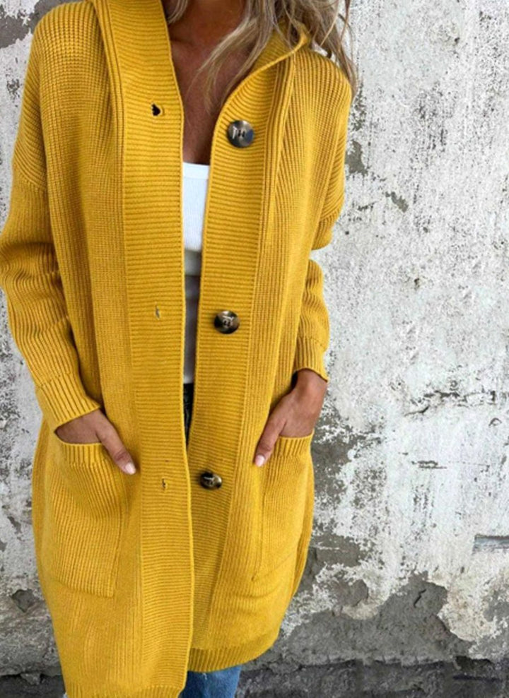 Damen Langer Strickmantel Strickjacke mit Kapuze Knopfleiste - Gelb