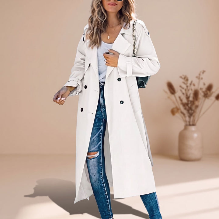 Damen Langer Trench Coat Doppelreihiger Gürtel-Übermantel - Weiß