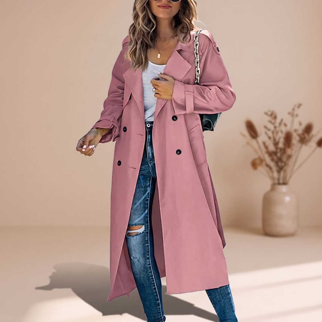 Damen Langer Trench Coat Doppelreihiger Gürtel-Übermantel - Rosa