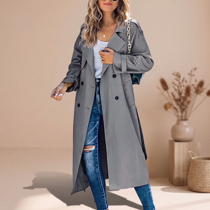 Damen Langer Trench Coat Doppelreihiger Gürtel-Übermantel - Grau