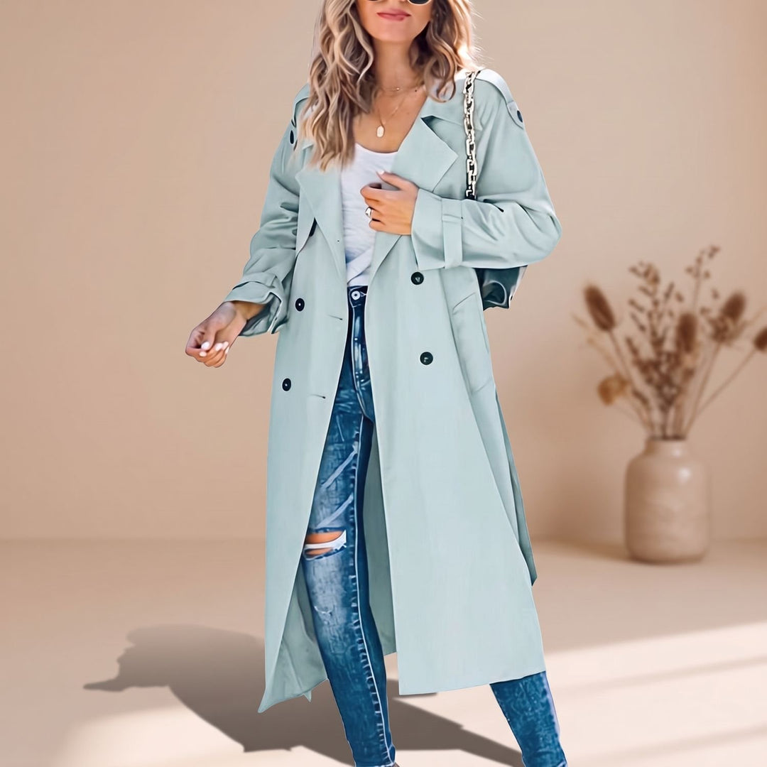 Damen Langer Trench Coat Doppelreihiger Gürtel-Übermantel - Hellblau