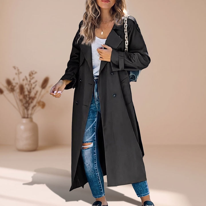 Damen Langer Trench Coat Doppelreihiger Gürtel-Übermantel - Schwarz