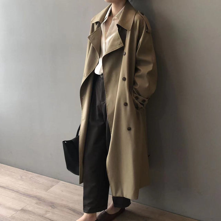 Damen Langer Wasserabweisender Doppelreihiger Trench Coat - Khaki