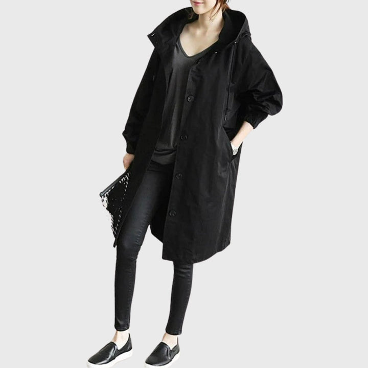 Damen Langer Wasserabweisender Kapuzen-Trenchcoat Weite Passform - Black
