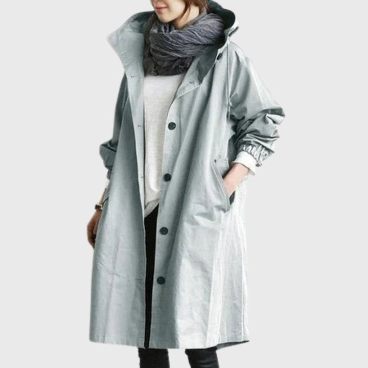 Damen Langer Wasserabweisender Kapuzen-Trenchcoat Weite Passform - Light Blue