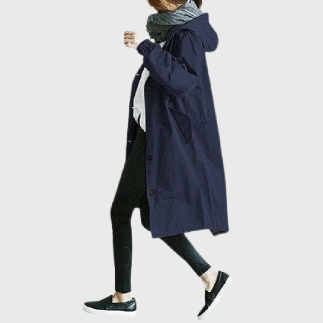 Damen Langer Wasserabweisender Kapuzen-Trenchcoat Weite Passform - Blue