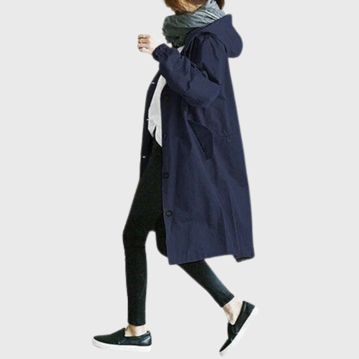 Damen Langer Wasserabweisender Kapuzen-Trenchcoat Weite Passform - Blue